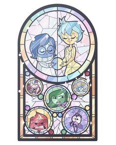 a stained glass window with some cartoon characters on it's side and an image of two