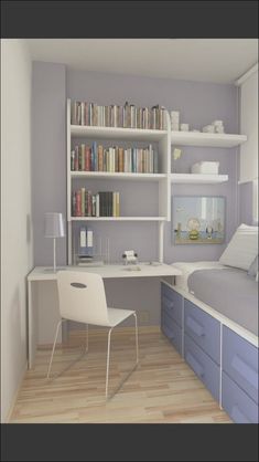 a bedroom with a bed, desk and bookshelf