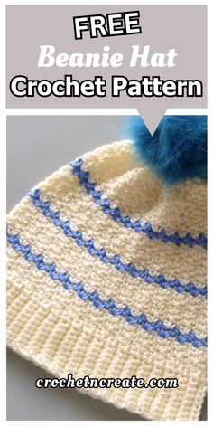 a crocheted beanie hat with blue and white stripes on the side, text reads