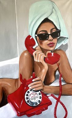 a painting of a woman sitting in a bathtub talking on the phone with a towel over her head