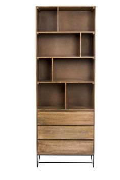 an open bookcase with drawers and shelves