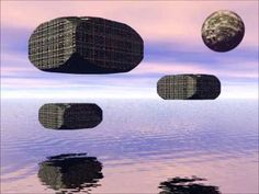 four cubes floating in the air with water and sky reflected on the ground below