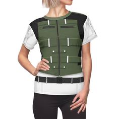 a woman wearing a green vest with white stripes and black trims on her chest