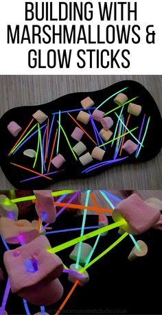 marshmallows and glow sticks on a skateboard with text overlay reading building with marshmallows and glow sticks