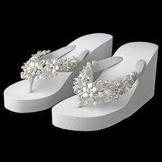 White Crystal & Freshwater Pearl Wedge Beach Wedding Bridal Flip Flop Sandals Wedding Flip Flops For Bride, Beach Wedding Flip Flops, Wedding Wedges, Wedge Wedding Shoes