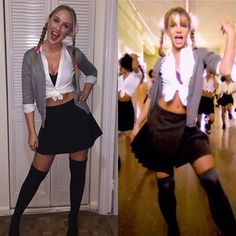 Britney Spears costume idea Im A Celeb Costume, Britney School Costume, N Costume Ideas, Brittany Spears School Costume, 90s Iconic Celebrity Looks, Britney Spears Baby One More Time Outfit, 2000 Iconic Outfits, Britney Spears School Outfit, Hit Me Baby One More Time Costume