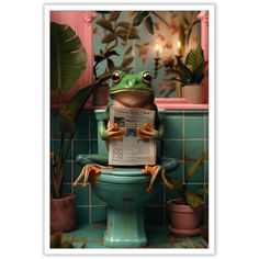 a green frog sitting on top of a toilet reading a newspaper with potted plants in the background