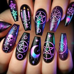 Acrylic Nails Gothic, Short Witchy Nails, Witch Nails Designs, Witchcraft Nails, Occult Nails, Harry Potter Nail Art, Violet Nails, Witch Nails, Witchy Nails