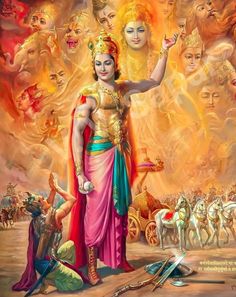 the god is standing in front of many other gods and goddesss, all with their arms outstretched