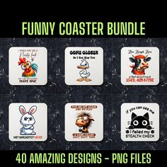 four coasters with cartoon characters on them and the words funny coasters are in different languages