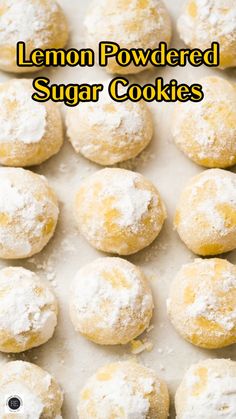 lemon powdered sugar cookies on a baking sheet with the words, lemon powdered sugar cookies