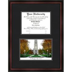 a diploma frame with an image of a clock tower in the background and trees around it