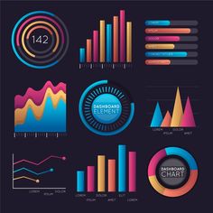 a set of colorful info graphics on a dark background