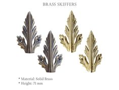 three brass leaf shaped bases with different sizes and colors, each one has an individual's name on it