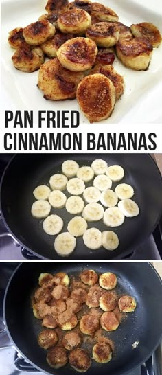 pan fried cinnamon bananas in a skillet and then frying them on the stove