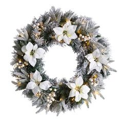 christmas wreath with white poinsettis and greenery on the side, measurements