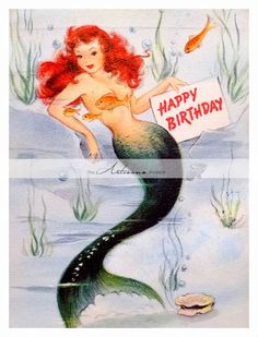 a mermaid holding a sign that says happy birthday