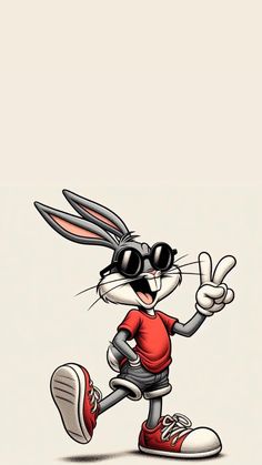 an image of a cartoon rabbit running with sunglasses on his head and one hand in the air