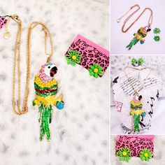 Bright Beautiful Multicolor Crystal Parrot Necklace Earring Set With Unique Green And Yellow Mismatched Daisy Earrings. Quality Jewelry At An Affordable Price. I Love Putting Together Bundles For People So That They Can Save Money On The Items As Well As Shipping. If You'd Like To Bundle Please Let Me Know And I'll Give You A Great Deal. All Of My Sales Come From A Clean Pet Friendly Smoke-Free Home. Please See Pictures For All The Details, Measurements, Etc. Parrot Necklace, Ceramic Jewelry Box, Metal Pendant Necklace, Turquoise Drop Earrings, Pandora Bracelet Charms, Daisy Earrings, Turquoise Glass, Rhinestone Bead, Pink Bracelet