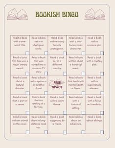 a bookish bingo game with the words, free space and an open book on it