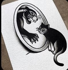 a black and white drawing of a cat looking at itself in a mirror with its paw on it