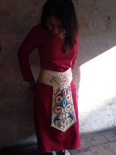 This lovely handmade dress is a darker/deeper red colour, can be short enough to be over the knee  or long enough to scrape the ground beneath your feet. Comes with a matching beautiful silk corset back apron, very much a part of most Armenian tarazes, particularly a married woman.  Machine washable dress, apron should be hand washed or on the most delicate cycle, in a silken laundry bag. Red Dresses With Traditional Patterns For Ceremonies, Traditional Red Winter Dress, Festive Red Dresses With Traditional Patterns, Red Festive Dress With Traditional Patterns, Red Dresses With Traditional Patterns For Festivals, Red Long Sleeve Dress With Traditional Patterns, Red Long Sleeve Dresses With Traditional Patterns, Festive Red Dress With Traditional Patterns, Elegant Red Dress With Traditional Patterns