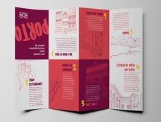 an open brochure with red and purple designs