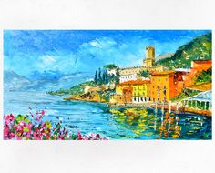 a painting of a city by the water