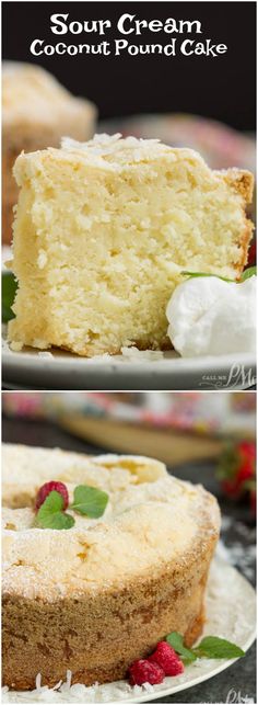 two pictures of a cake with white frosting and raspberries on it, one has