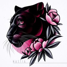 a black cat with pink flowers on its head and the word nastia written below it