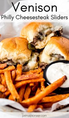 a close up of a plate of food with french fries and cheesesteak sliders