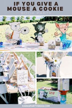 an image of a table set up for a mouse birthday party with pictures and decorations