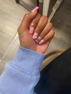 Pink Birthday Nails Acrylic Short, How To Become A Nail Technician, Short Pink Square Nails, Pink French Tip Nails With Design, French Tip Acrylic Nails Short, Dope Short Nail Designs, Pink French Tip Acrylic Nails, Short Frenchies, Pink French Tip