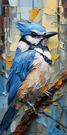 a painting of a blue and white bird sitting on a branch with multicolored background