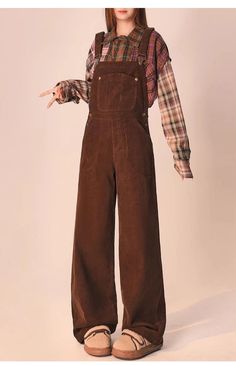 Olivia Mark - Brown Corduroy Overalls Casual Pants Loose Fit Wide Leg Winter Trousers Fall Corduroy Overalls For Workwear, Fall Corduroy Workwear Overalls, Cotton Wide Leg Overalls For Fall, Wide Leg Cotton Overalls For Fall, Casual Brown Overalls, Wide Leg Overalls For Fall Workwear, Winter Cotton Overalls, Cotton Winter Overalls, Fall Overalls With Pockets