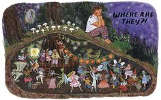 an image of a group of people in the forest with mushrooms and fairy figures on it