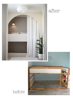 before and after photos of a bathroom remodel with white curtained walls, wood flooring and built - in shelving