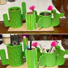 two pictures of green cactus mugs with pens and pencils in them on a table