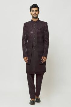 Dark wine art silk front-open sherwani with sequins and thread embroidery. Comes with dupion art silk aligadhi pant and a kurta. - Aza Fashions Formal Kurta With Mirror Work For Festive Occasions, Formal Festive Kurta With Mirror Work, Formal Kurta With Mirror Work For Diwali, Formal Mirror Work Kurta For Diwali, Formal Traditional Wear With Mirror Work Straight Kurta, Formal Traditional Wear With Mirror Work And Traditional Drape, Formal Kurta With Mirror Work For Eid, Bollywood Style Formal Kurta With Mirror Work, Formal Traditional Wear With Mirror Work For Festivals