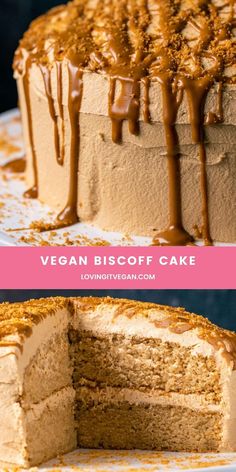 vegan biscoff cake with caramel drizzle on top