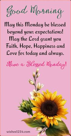 a greeting card with a sunflower and the words, good morning may this monday be blessing