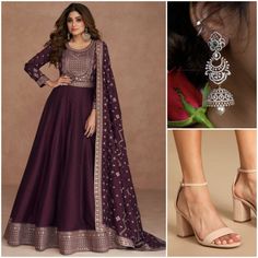 Silk Anarkali Gown, Shamita Shetty, Silk Anarkali Suits, Floor Length Anarkali, Wine Colour, Party Wear Gowns, Silk Anarkali, Long Anarkali