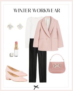 Elevate your winter workwear with a sophisticated and feminine outfit that seamlessly blends professionalism with style. Start with a polished pink textured weave blazer, adding a touch of warmth and vibrancy to your office look. Pair it with a crisp white long-sleeve square neck bodysuit for a classic and refined foundation. Opt for tailored black straight-leg pants to maintain a sleek and business-appropriate silhouette. Ground the look with pink cap toe ballet flats. Pink Ballet Flats Outfit, Pink Flats Outfit, Pink Work Outfit, Winter Work Outfits For Women, Winter Work Outfit, Pink Blazer Outfit, Winter Work Outfits, Winter Workwear