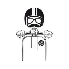 a black and white drawing of a person on a motorcycle wearing a helmet with goggles