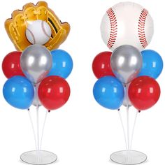 two baseballs and balloons are sitting on top of each other