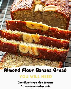 Mash 2 medium-large ripe bananas. Add 1 tsp baking soda, 1/2 tsp baking powder, 1/4 tsp salt, and 1 tsp ground cinnamon. Mix until combined. Stir in 2 large eggs or flax eggs, 1 tsp vanilla extract, and 1/2 cup granulated sugar. Fold in 2 1/2 cups almond flour. Grease 9x5-inch loaf pan with gluten-free cooking spray. Preheat oven to 350F. Bake for 50 minutes or until toothpick comes out clean. Almond Flour Zucchini Banana Bread, Allrecipes Banana Bread, Banana Bread Recipe With Sour Cream Martha Stewart, Banana Bread Recipe Martha Stewart, Banana Bread With Splenda, Almond Flour Bread, Banana Bread Ingredients, Flours Banana Bread, Gluten Free Banana Bread