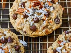 chocolate chip cookies with coconut flakes and pecans on a cooling rack, ready to be eaten