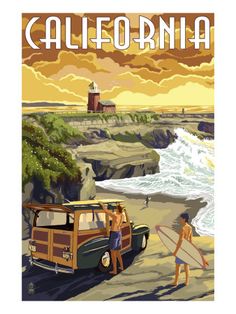 an old style poster shows people on the beach with surfboards and a vw bus