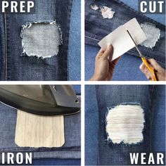 four pictures showing how to cut jeans with iron and paper on the bottom, in different ways