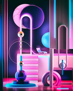 an image of a room with neon lights on the walls and various objects in it